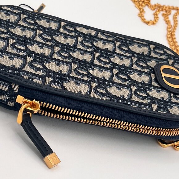 Dior Montaigne Phone Holder with Chain Strap - Blue Oblique Jacquard - Picture 9 of 11